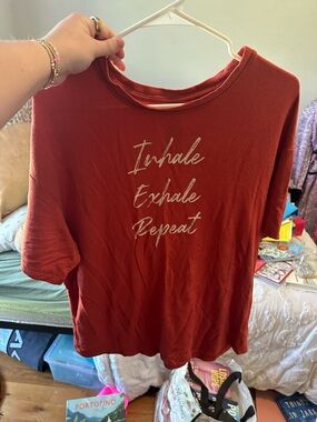 Secret Treasures Rust Red Short Sleeve Tee with "Inhale Exhale Repeat" Script